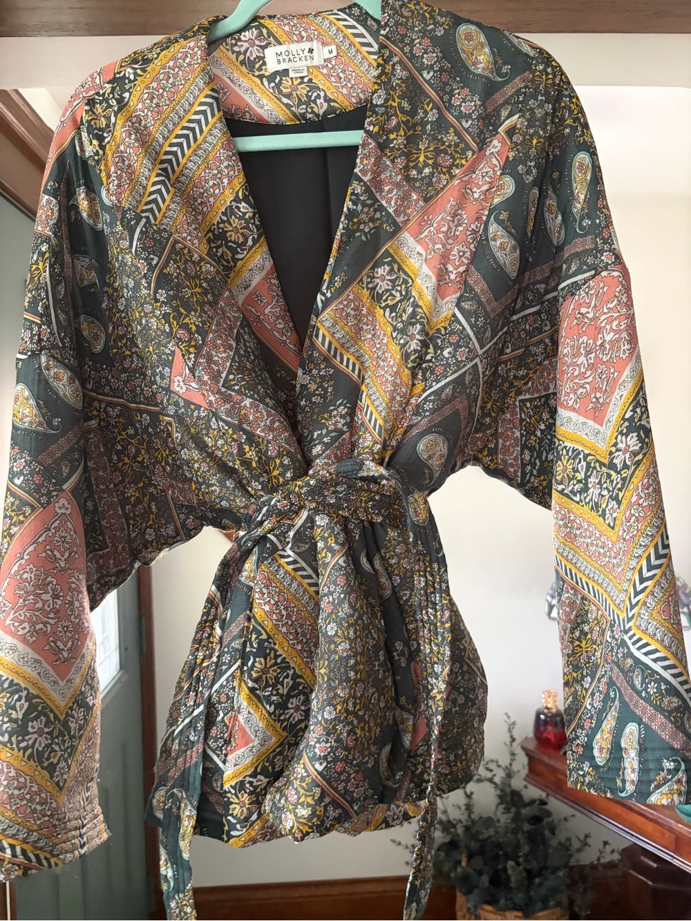 Molly Bracken Paisley Patchwork Tie-Waist Kimono Jacket - Multicolor